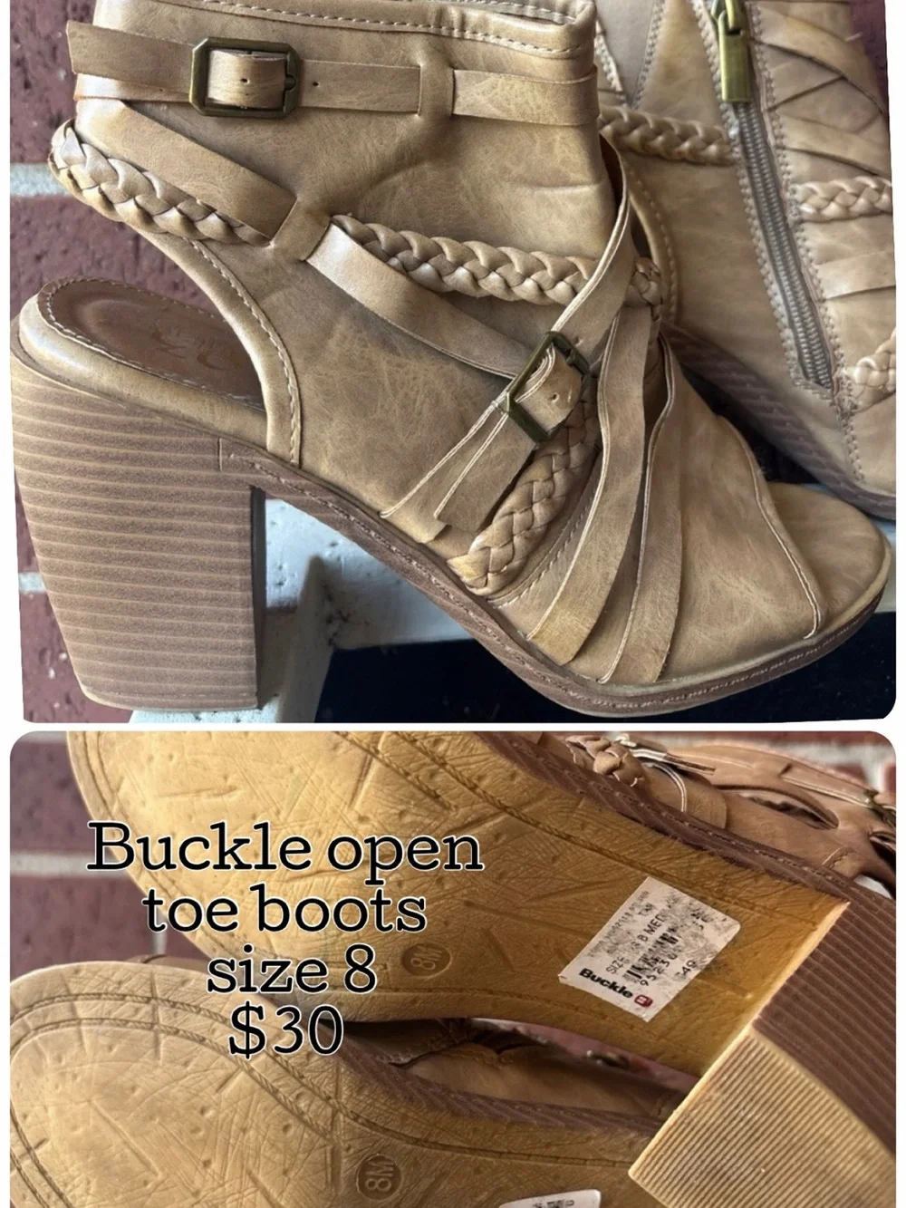 Buckle Tan Braided Open-Toe Ankle Boots